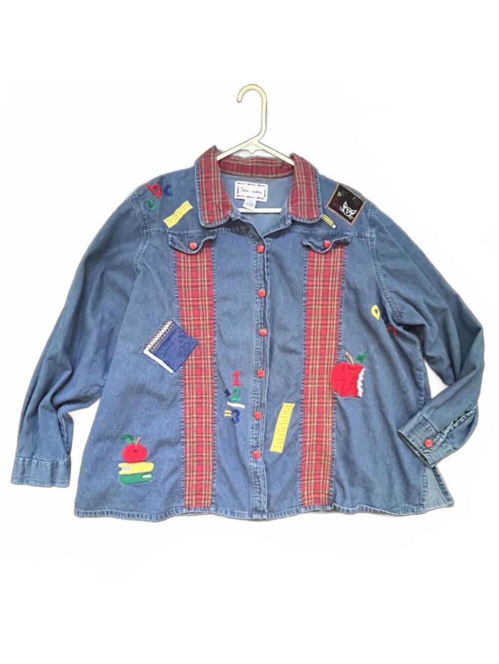 Tantrums Denim Embroidered Applique Plaid Collared Blouse - 3X